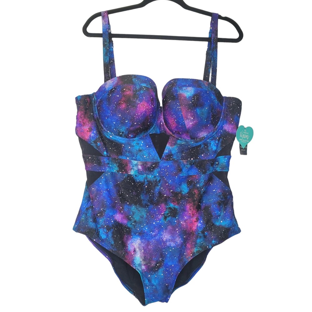 NEW Torrid 2 One Piece Swimsuit Galaxy Print Cut Out Mesh Padded Underwire